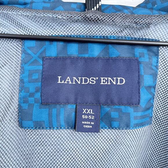 Lands End Hooded Rain Jacket Blue Aztec Print Full Zip Mesh Lined Mens XXL 2XL - Picture 7 of 8